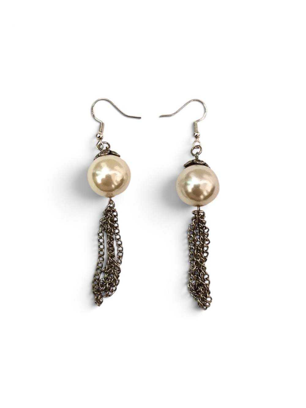 Handmade Pearl Chain Tassel Dangle Holiday Earrings Silver Tone Hook Drop
